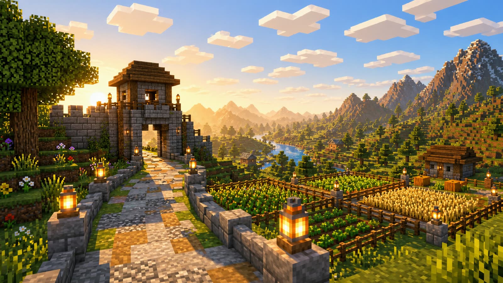 A Minecraft lookout above a forested valley under a bright sky.