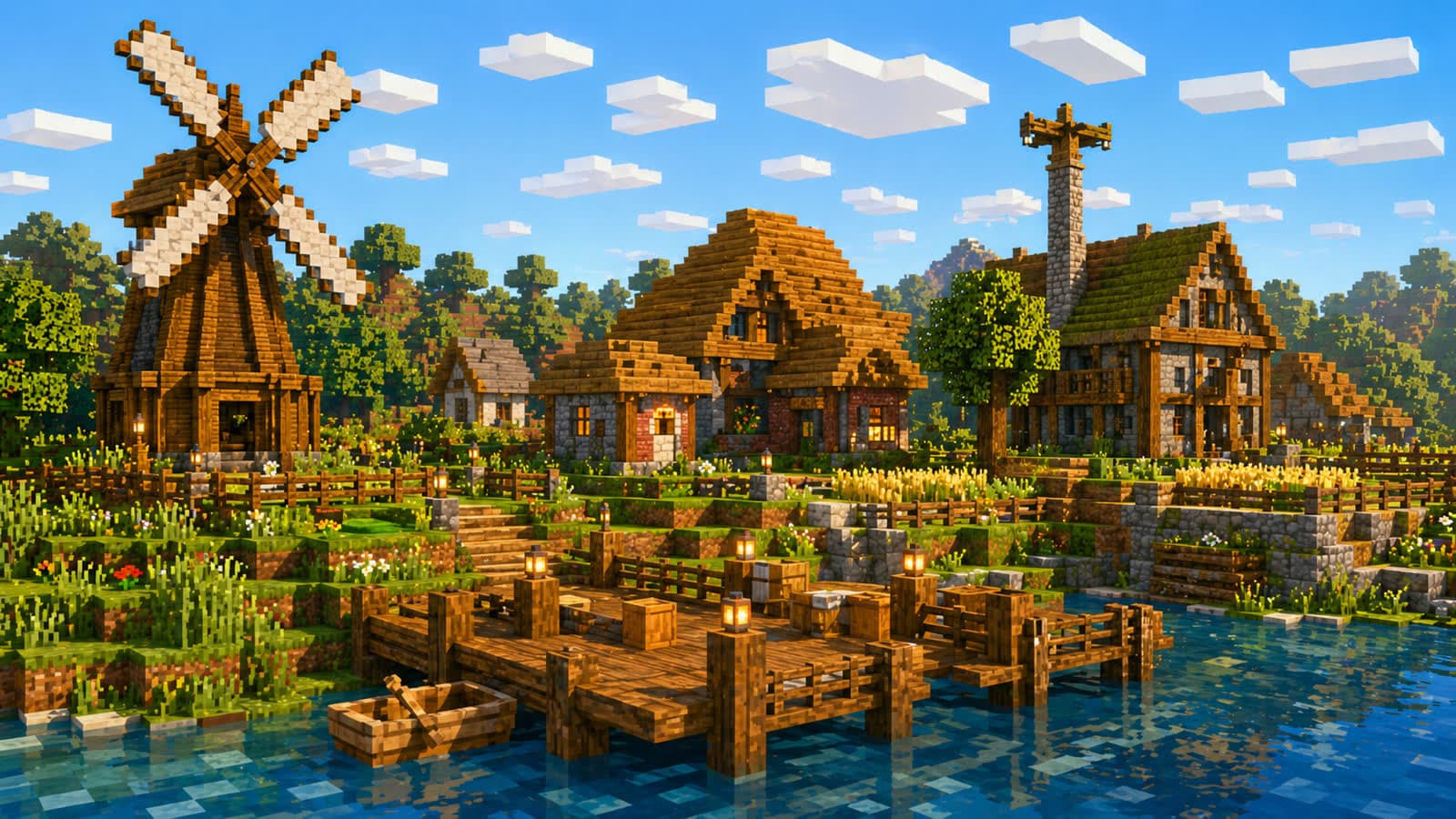 A peaceful Minecraft riverside village with towers rising in the distance.