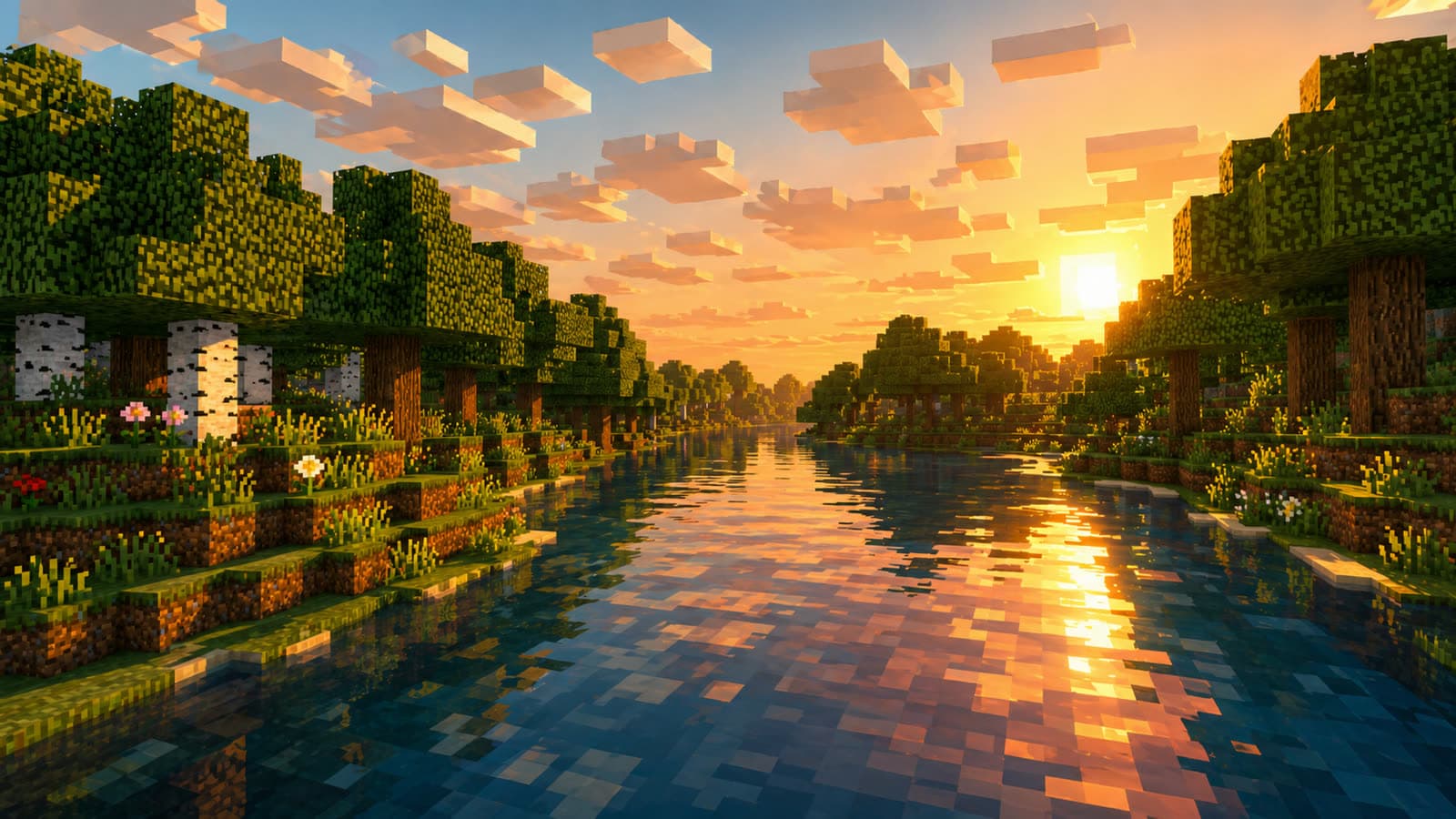 A calm Minecraft river bordered by birch and oak trees in warm sunset light.