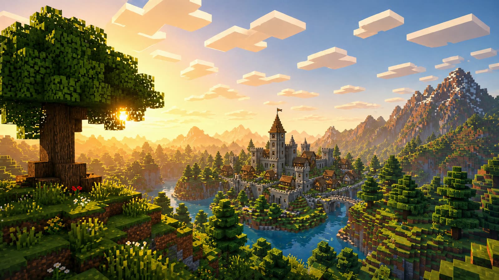 A bright Minecraft valley with a river, stone buildings, and forested hills at sunrise.