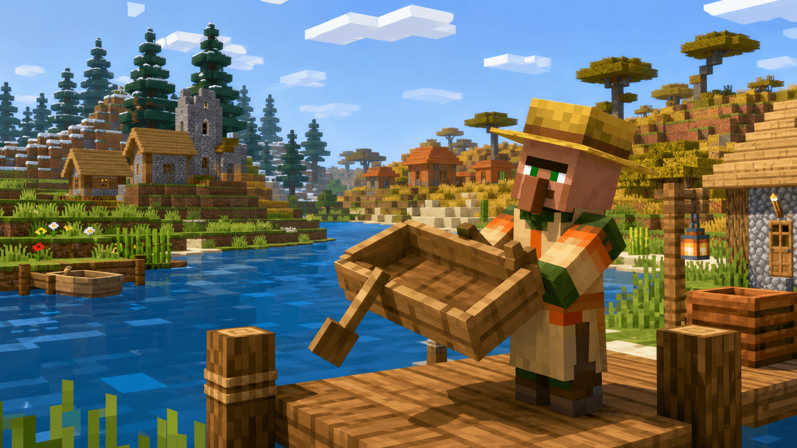 A fisherman villager holding a wooden boat on a dock beside a river village.