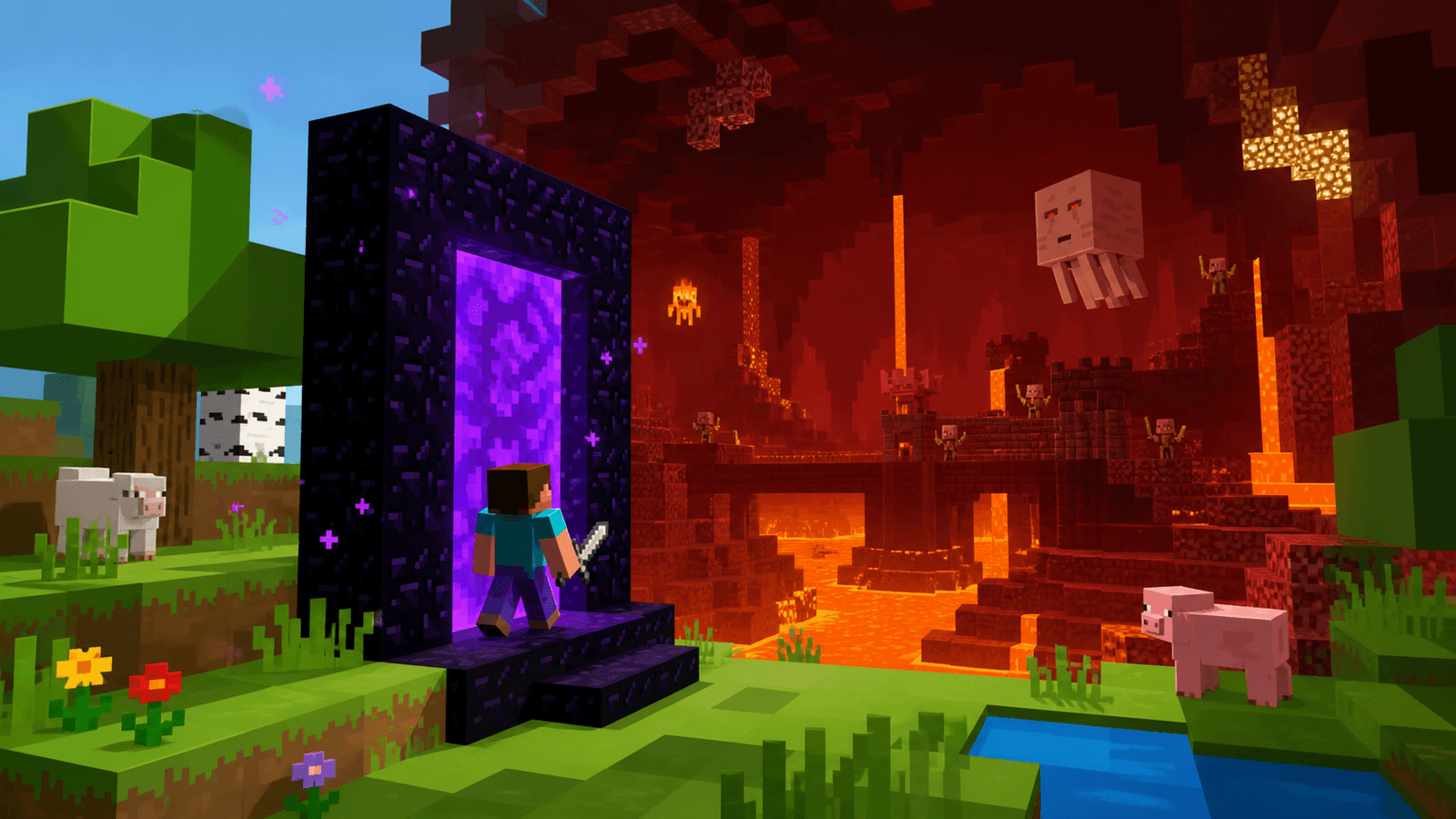 Minecraft editorial cover for "The Halloween Update and the Birth of the Nether" inspired by ground the post in documented minecraft history, then explain why the change still matters to shared-world players and smp communities today.