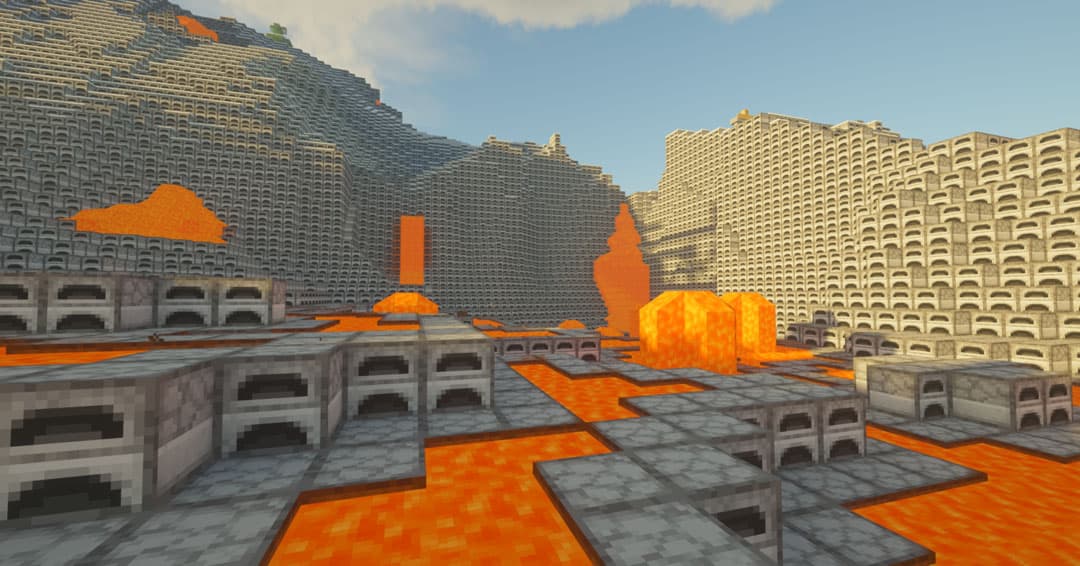A lava-filled industrial valley lined with furnaces across steep stone walls.