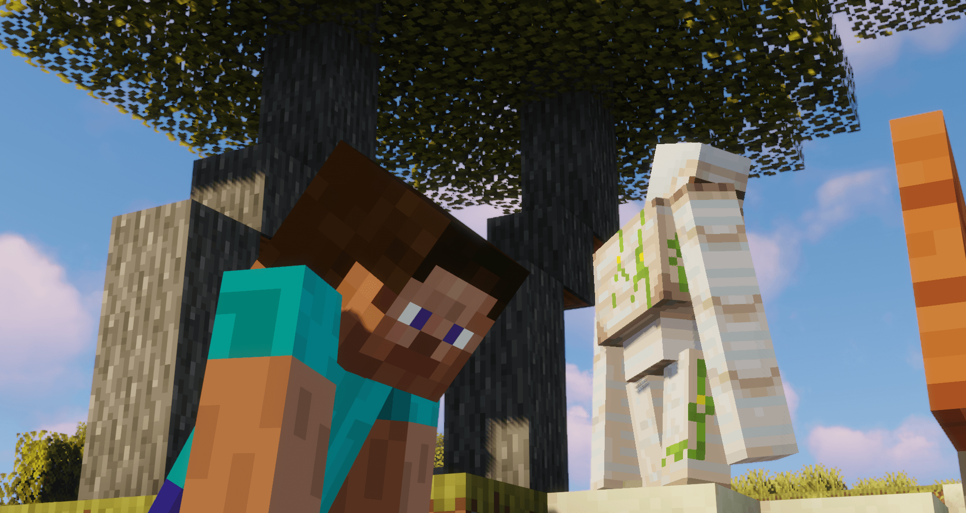 A low-angle view of a player and an iron golem standing beneath dark spruce trees.