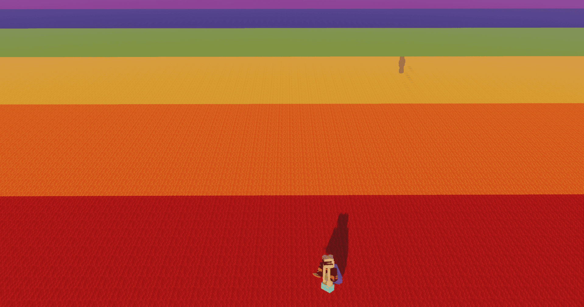 A lone player standing on enormous horizontal bands of rainbow-colored blocks.